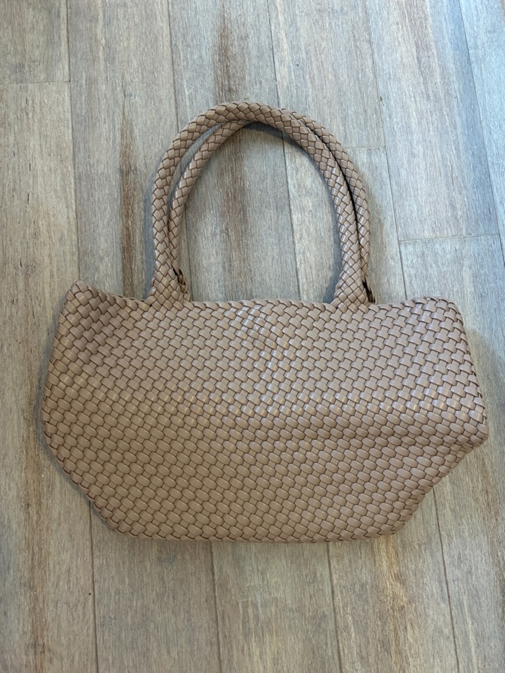 Beige Faux leather Woven Tote Handbag in Taupe mid size sturdy trendy bag